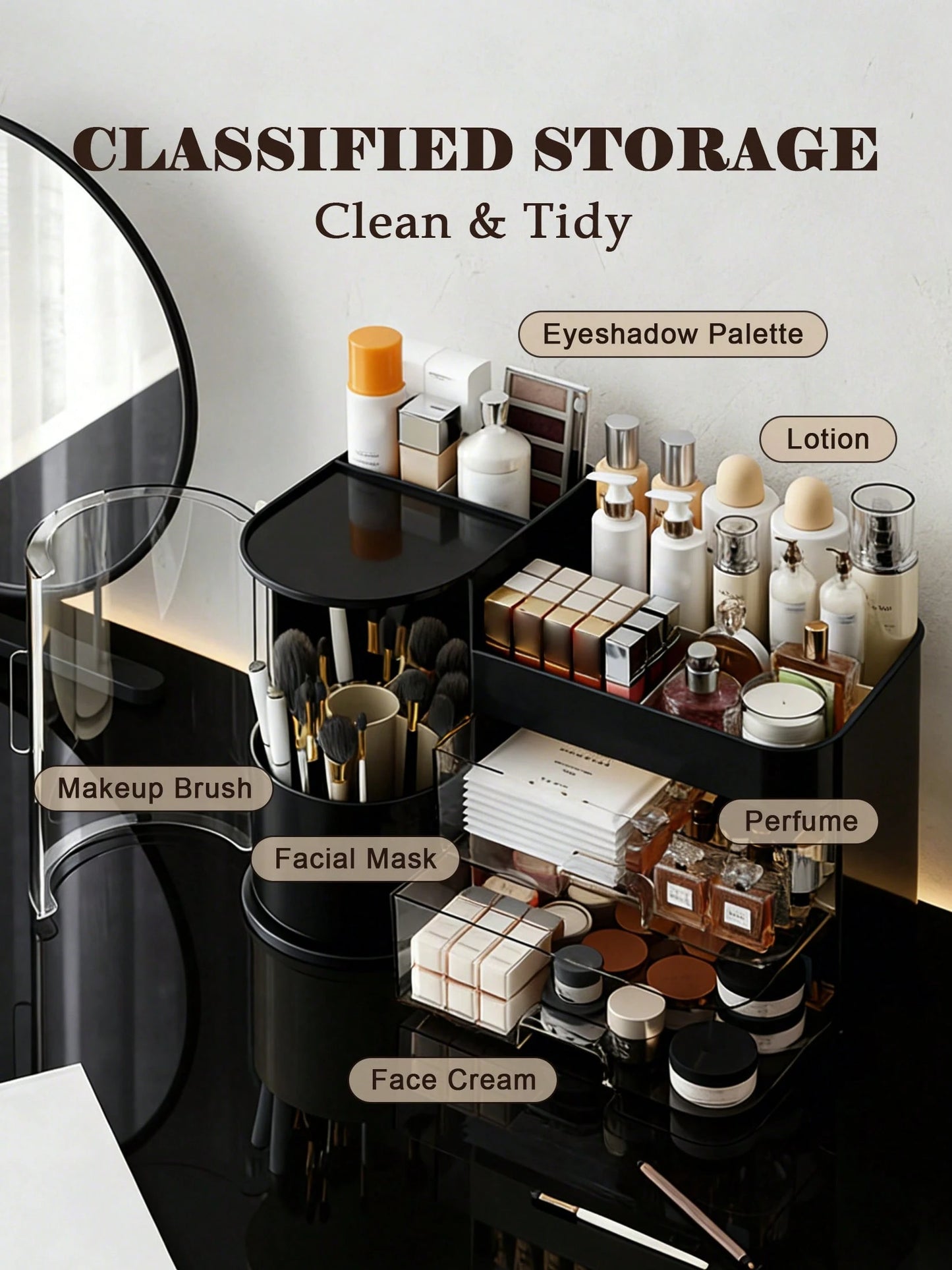 Rotating Makeup Organizer, 2 Tier Face Mask Skincare Organizers And Storage For Bathroom Countertop, Counter Cosmetic Holder For Dresser, Multi-Grid Storage With Brush Holder, Large Capacity Storage