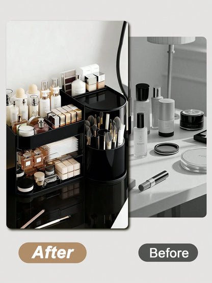 Rotating Makeup Organizer, 2 Tier Face Mask Skincare Organizers And Storage For Bathroom Countertop, Counter Cosmetic Holder For Dresser, Multi-Grid Storage With Brush Holder, Large Capacity Storage
