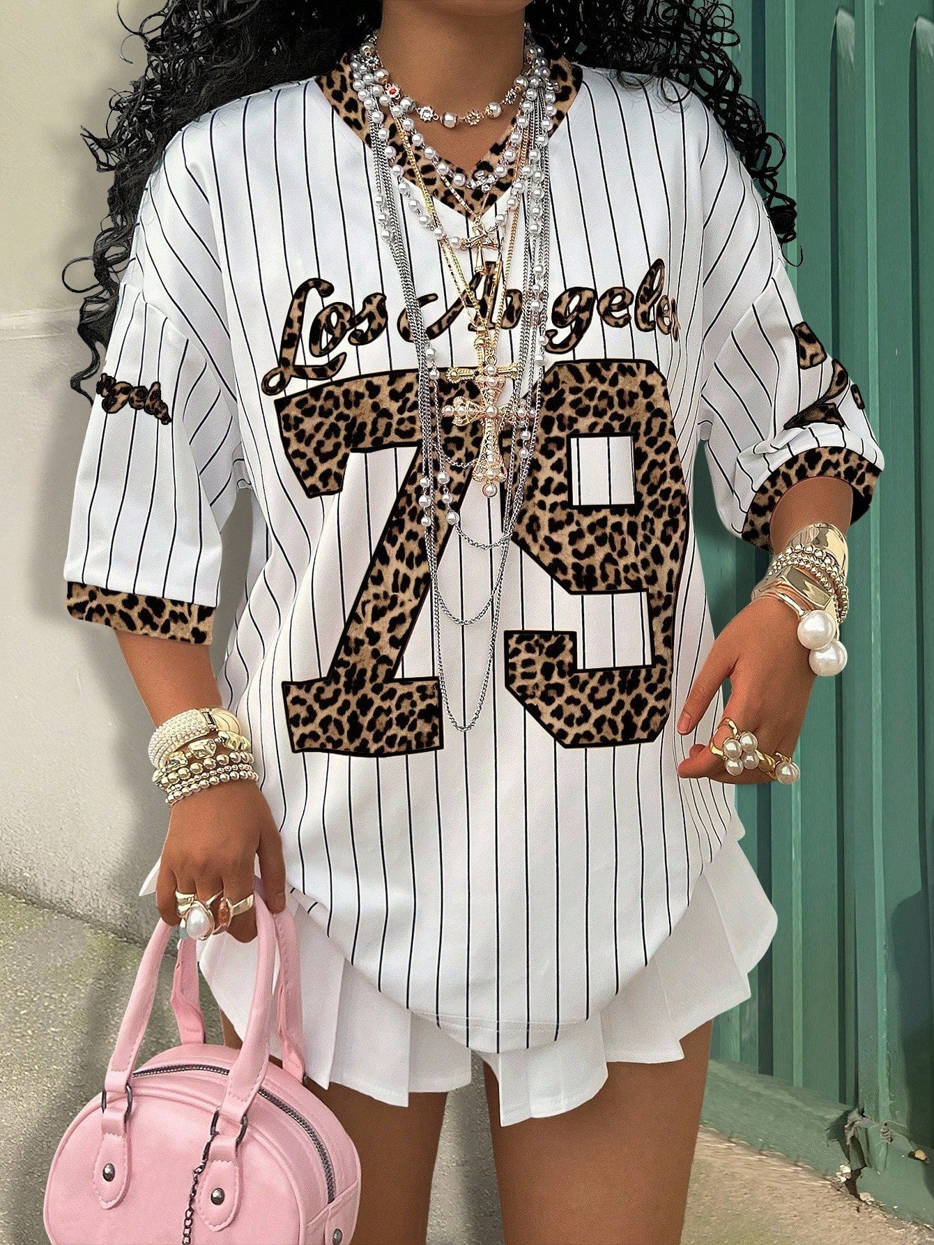 Rovax Women Numeric & Striped Print V-Neck Dropped Shoulder Short Sleeve Loose T-Shirt, Casual Graphic Cheetah Print Tees Women Tops