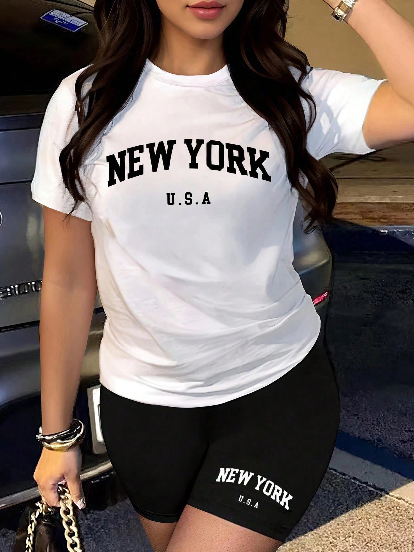 Rovax Women's Faux Denim Print Round Neck Short Sleeve T-Shirt And Shorts Casual 2-Piece Set