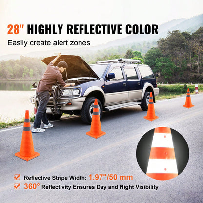 Safety Cones, 4 Pack 28 Inch Collapsible Traffic Cones, Construction Cones With Reflective Collars, Wide Base And A Storage Bag, For Traffic Control, Driving Training, Parking Lots
