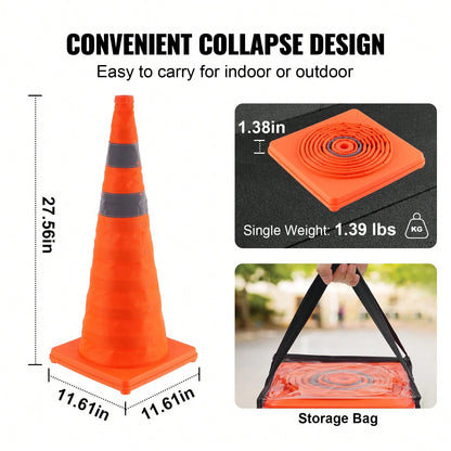 Safety Cones, 4 Pack 28 Inch Collapsible Traffic Cones, Construction Cones With Reflective Collars, Wide Base And A Storage Bag, For Traffic Control, Driving Training, Parking Lots