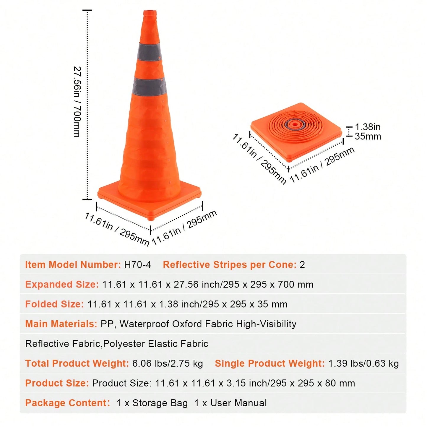 Safety Cones, 4 Pack 28 Inch Collapsible Traffic Cones, Construction Cones With Reflective Collars, Wide Base And A Storage Bag, For Traffic Control, Driving Training, Parking Lots