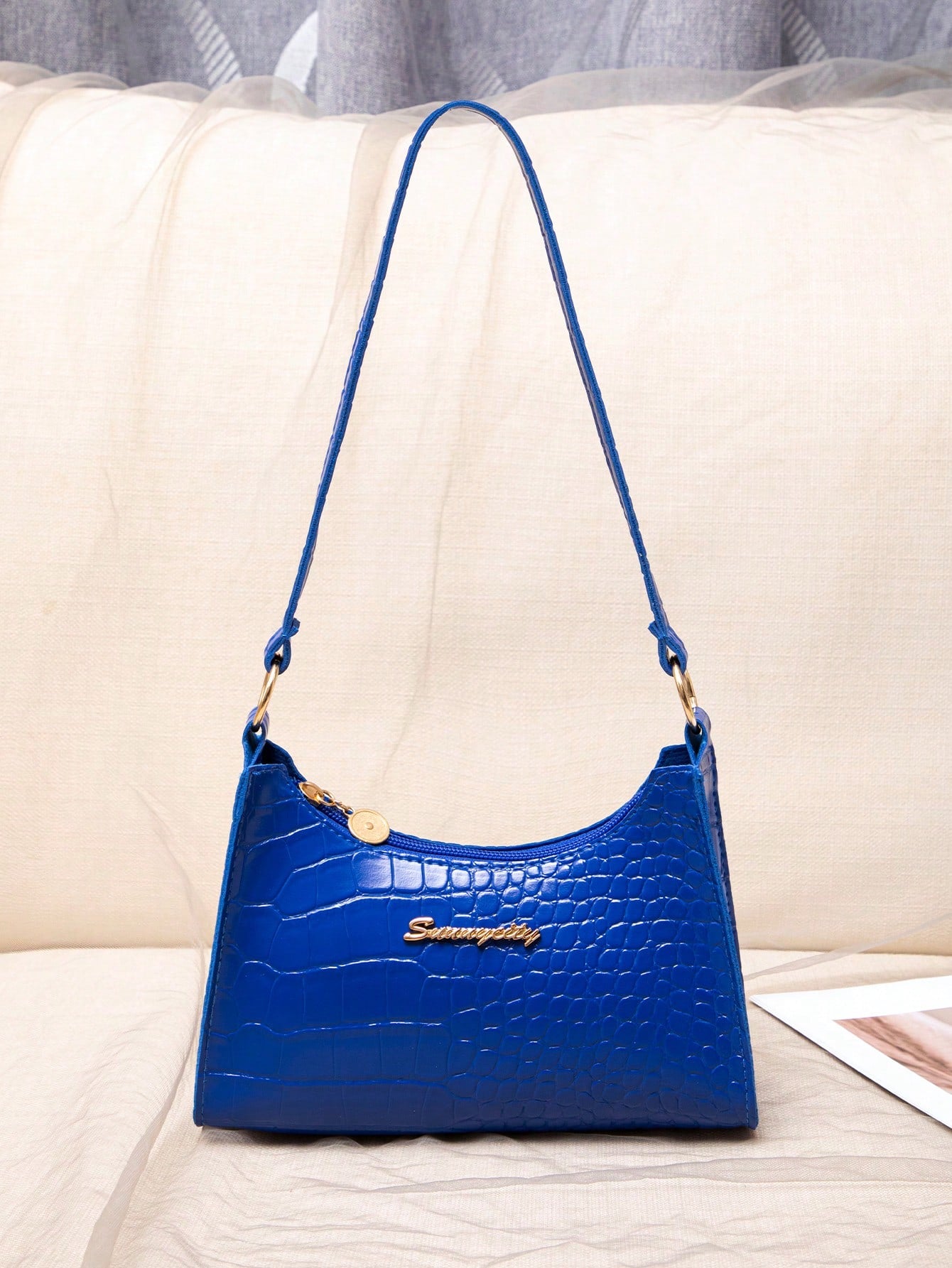 Sapphire Blue Crocodile Embossed Women Shoulder Bag, Blue