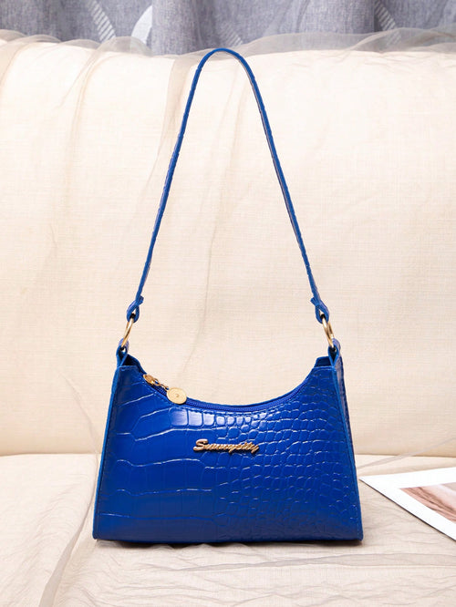 Sapphire Blue Crocodile Embossed Women Shoulder Bag, Blue