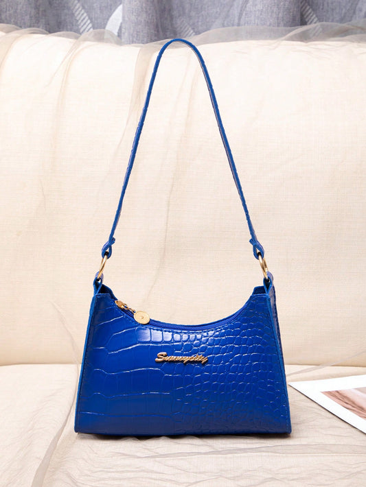 Sapphire Blue Crocodile Embossed Women Shoulder Bag, Blue