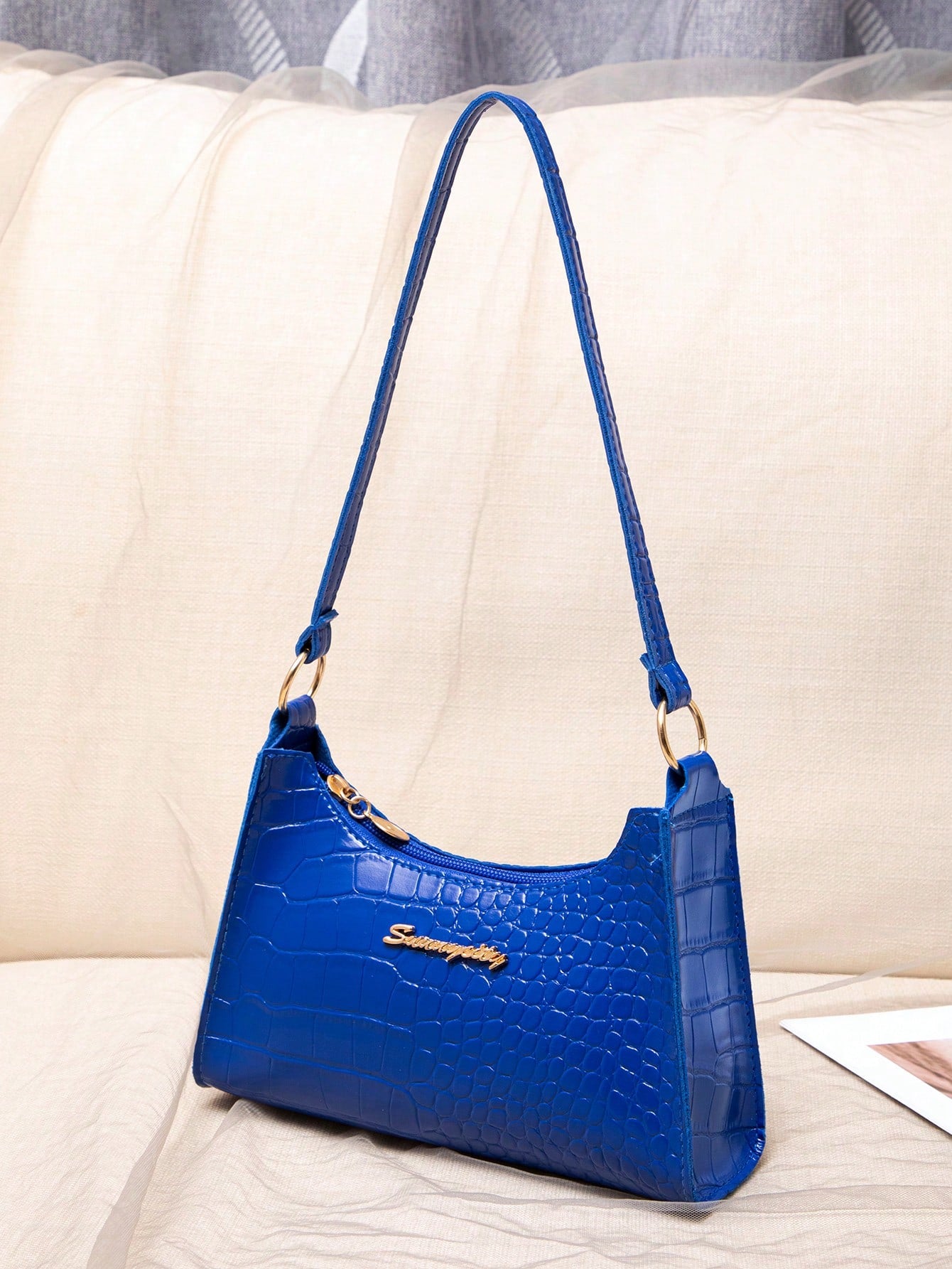 Sapphire Blue Crocodile Embossed Women Shoulder Bag, Blue