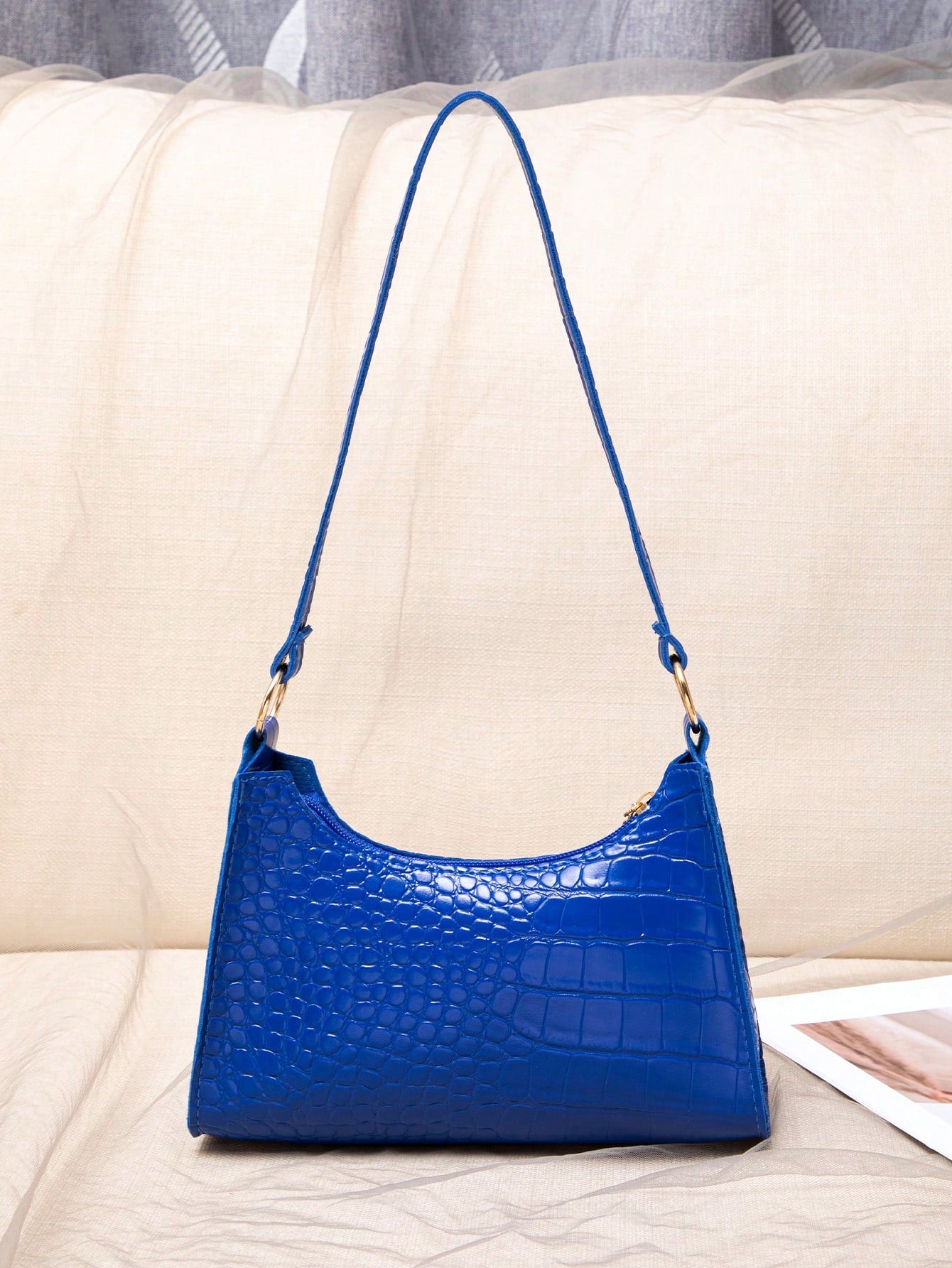 Sapphire Blue Crocodile Embossed Women Shoulder Bag, Blue
