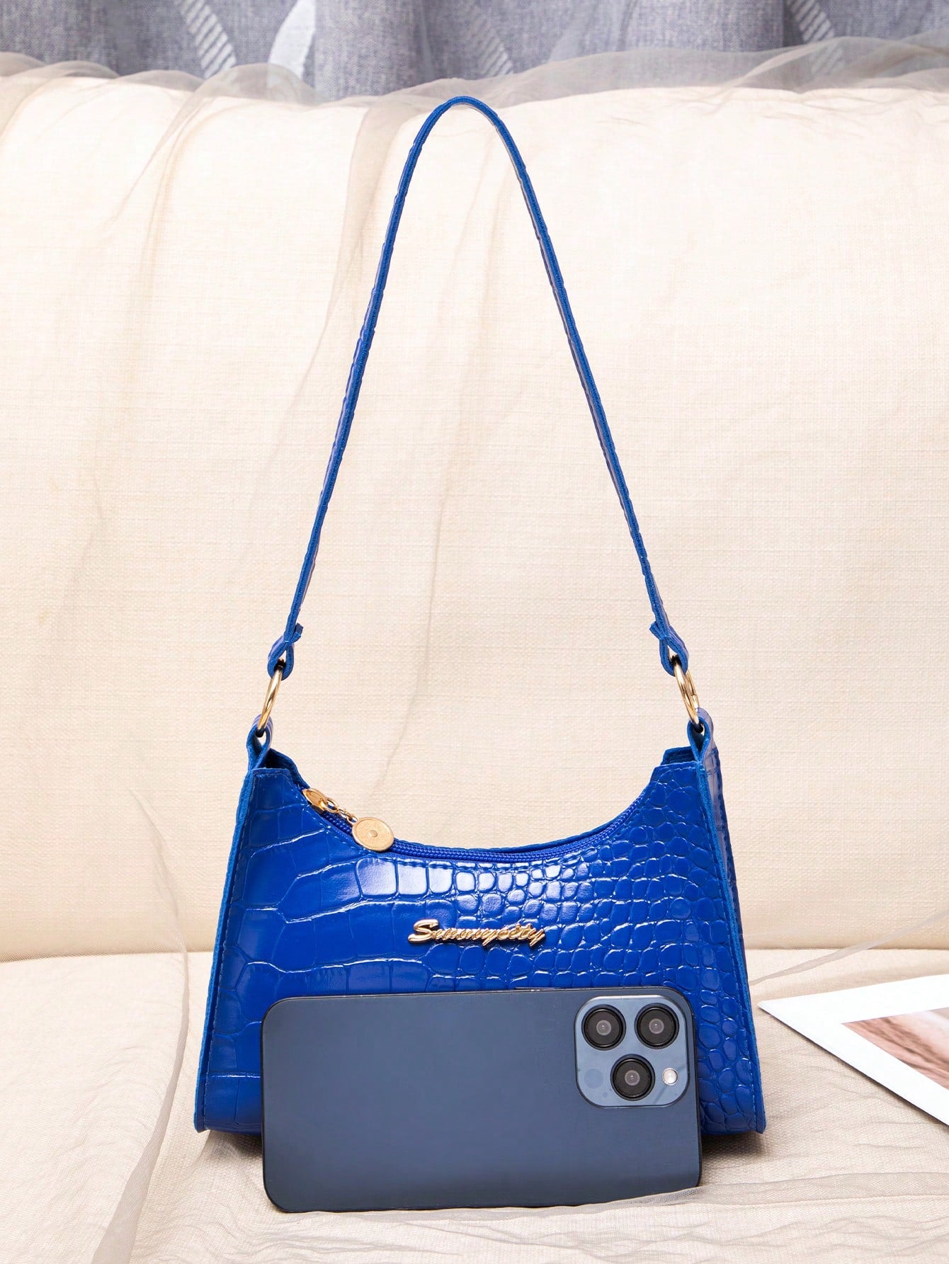 Sapphire Blue Crocodile Embossed Women Shoulder Bag, Blue