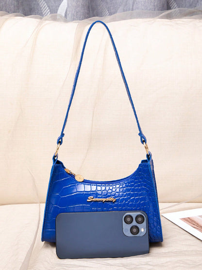 Sapphire Blue Crocodile Embossed Women Shoulder Bag, Blue