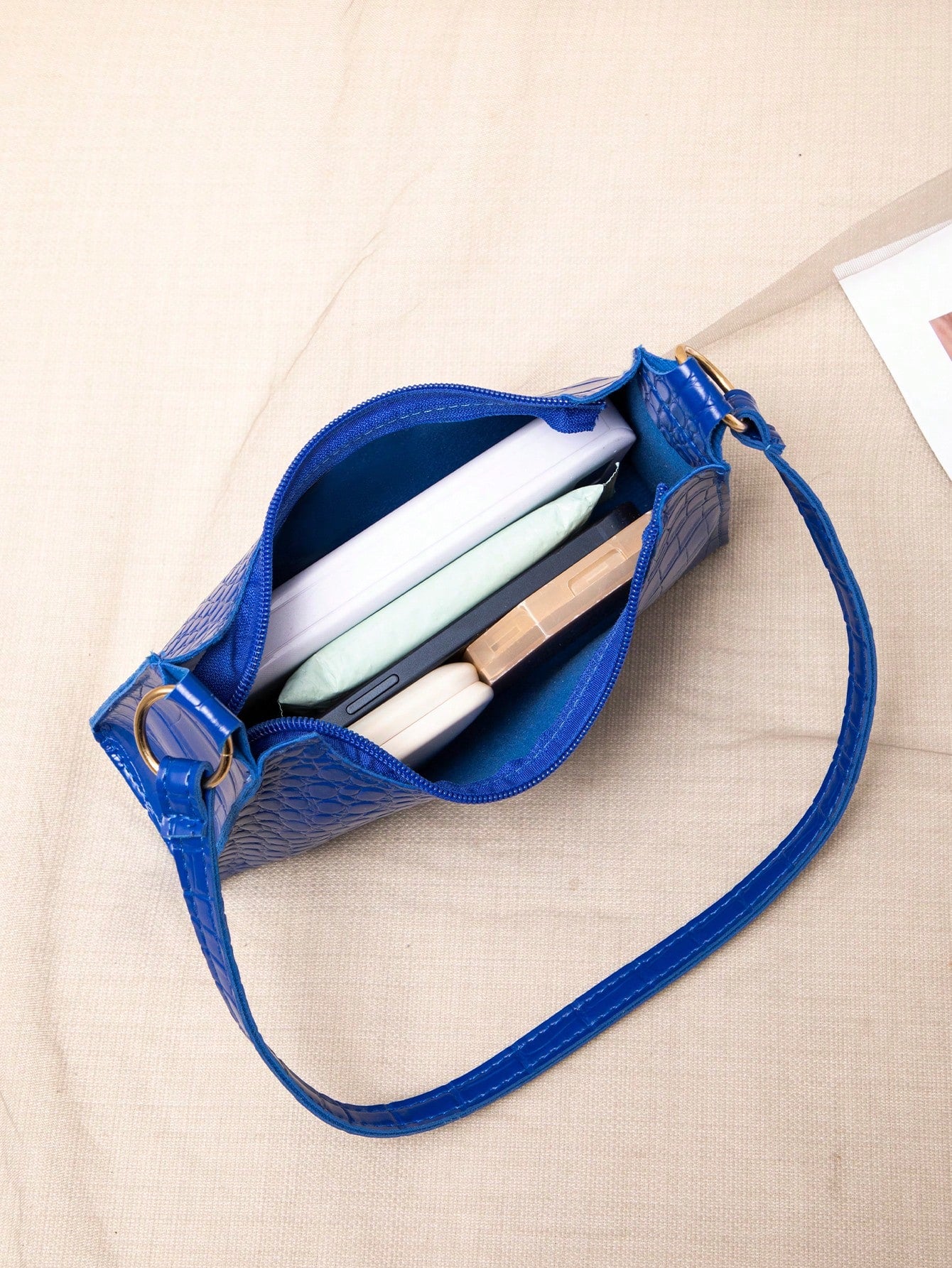 Sapphire Blue Crocodile Embossed Women Shoulder Bag, Blue