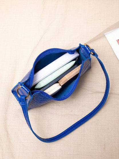 Sapphire Blue Crocodile Embossed Women Shoulder Bag, Blue