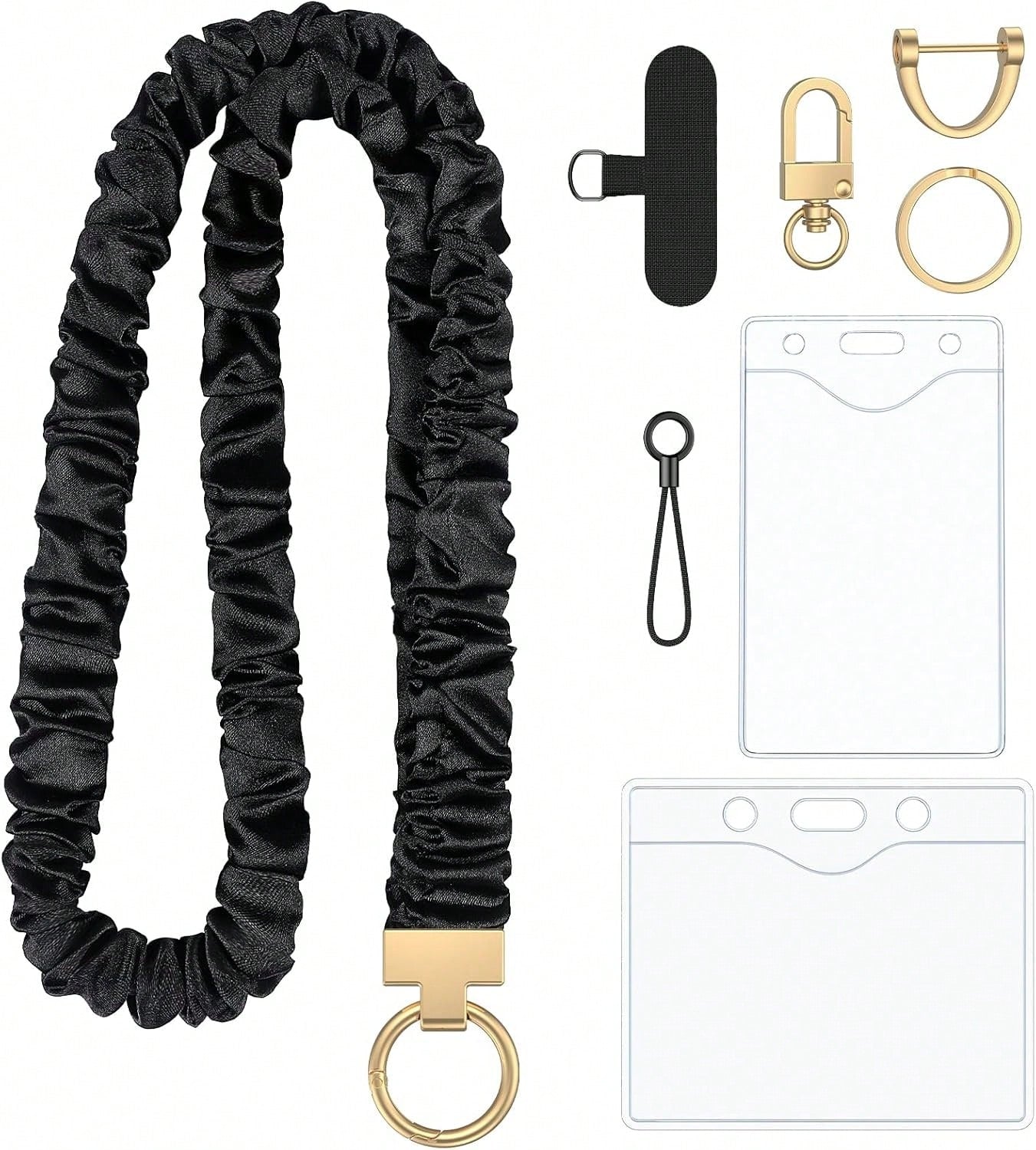 Scrunchie Style, Cute Stretchy Lanyards For ID Badges & Keys, Teachers & Women Lanyard With ID Holder, Black Keychain Lanyard