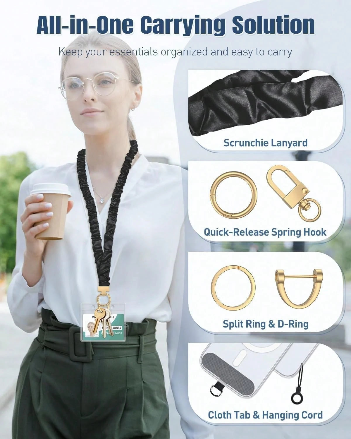 Scrunchie Style, Cute Stretchy Lanyards For ID Badges & Keys, Teachers & Women Lanyard With ID Holder, Black Keychain Lanyard