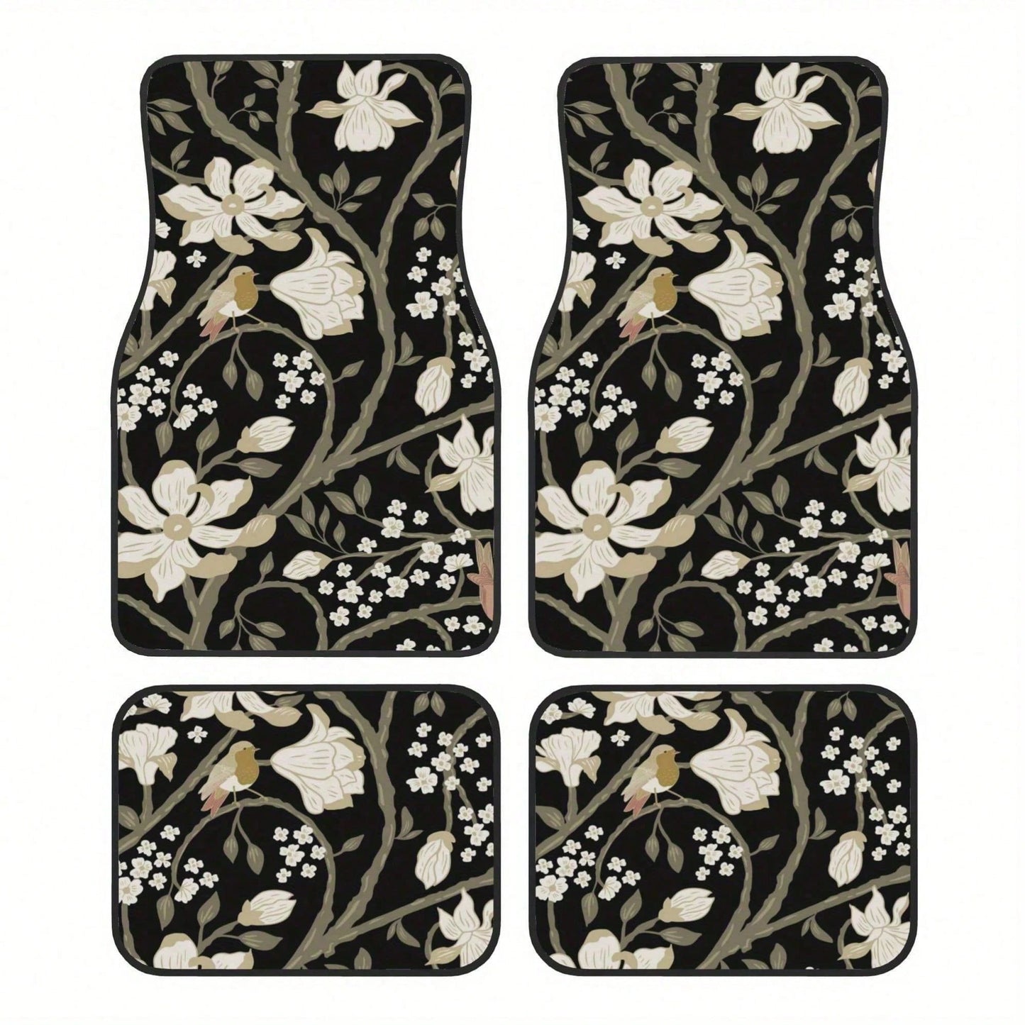 Set Of 4 Car Floor Mats Featuring A Floral Bird Design- Fashionable And Long-Lasting, Resistant To Stains, Slip-Proof, Easy To Clean, Suitable For All Vehicles, Including Front And Rear Seats, Provid