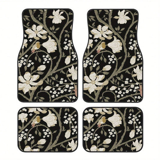 Set Of 4 Car Floor Mats Featuring A Floral Bird Design- Fashionable And Long-Lasting, Resistant To Stains, Slip-Proof, Easy To Clean, Suitable For All Vehicles, Including Front And Rear Seats, Provid