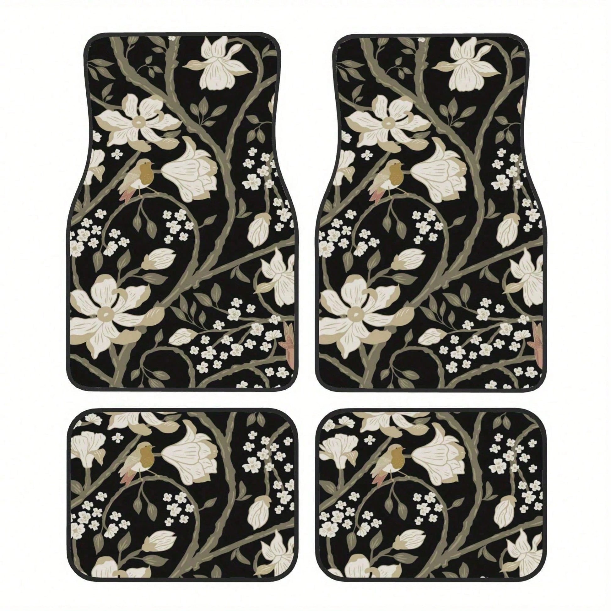 Set Of 4 Car Floor Mats Featuring A Floral Bird Design- Fashionable And Long-Lasting, Resistant To Stains, Slip-Proof, Easy To Clean, Suitable For All Vehicles, Including Front And Rear Seats, Provid
