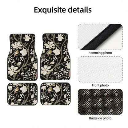 Set Of 4 Car Floor Mats Featuring A Floral Bird Design- Fashionable And Long-Lasting, Resistant To Stains, Slip-Proof, Easy To Clean, Suitable For All Vehicles, Including Front And Rear Seats, Provid