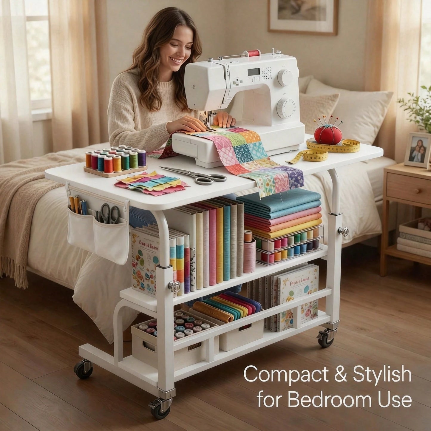 Sewing And Craft Table, Multi-Functional Height-Adjustable Mobile Sewing Workbench/Table- Mobile Handicraft Storage Table With 4 360° Silent Wheels, Double-Layer Storage Shelf With Height Adjustment