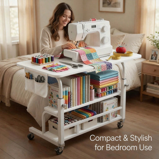 Sewing And Craft Table, Multi-Functional Height-Adjustable Mobile Sewing Workbench/Table- Mobile Handicraft Storage Table With 4 360° Silent Wheels, Double-Layer Storage Shelf With Height Adjustment