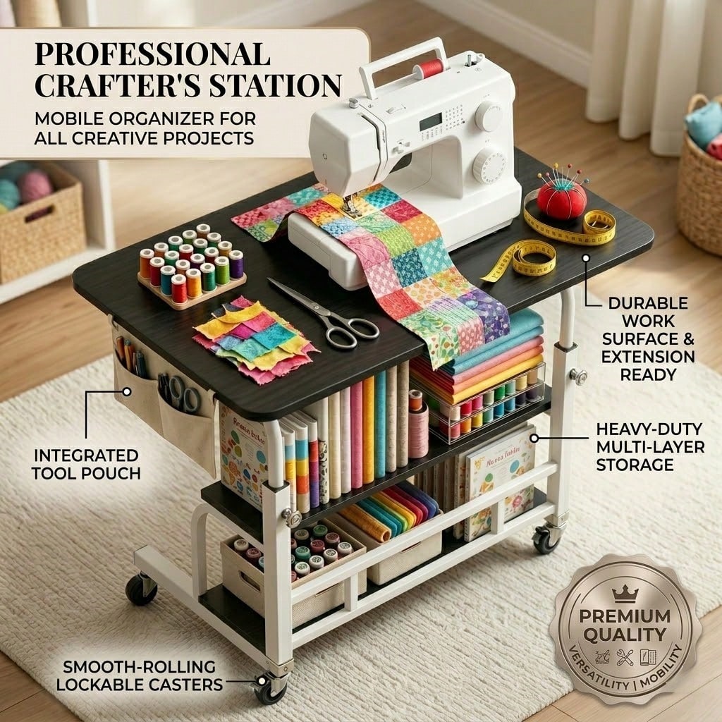 Sewing And Craft Table, Multi-Functional Height-Adjustable Mobile Sewing Workbench/Table- Mobile Handicraft Storage Table With 4 360° Silent Wheels, Double-Layer Storage Shelf With Height Adjustment