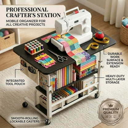 Sewing And Craft Table, Multi-Functional Height-Adjustable Mobile Sewing Workbench/Table- Mobile Handicraft Storage Table With 4 360° Silent Wheels, Double-Layer Storage Shelf With Height Adjustment