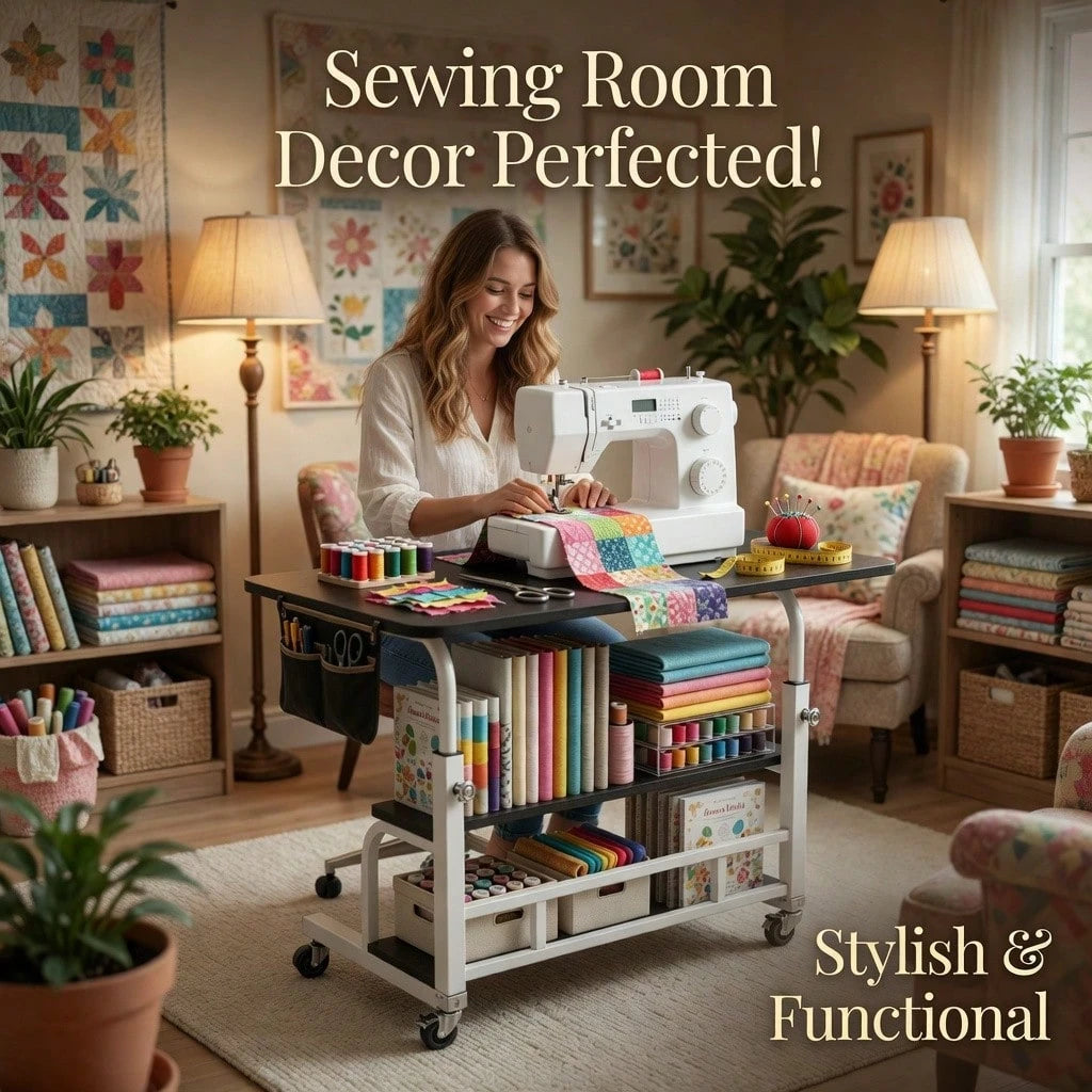 Sewing And Craft Table, Multi-Functional Height-Adjustable Mobile Sewing Workbench/Table- Mobile Handicraft Storage Table With 4 360° Silent Wheels, Double-Layer Storage Shelf With Height Adjustment