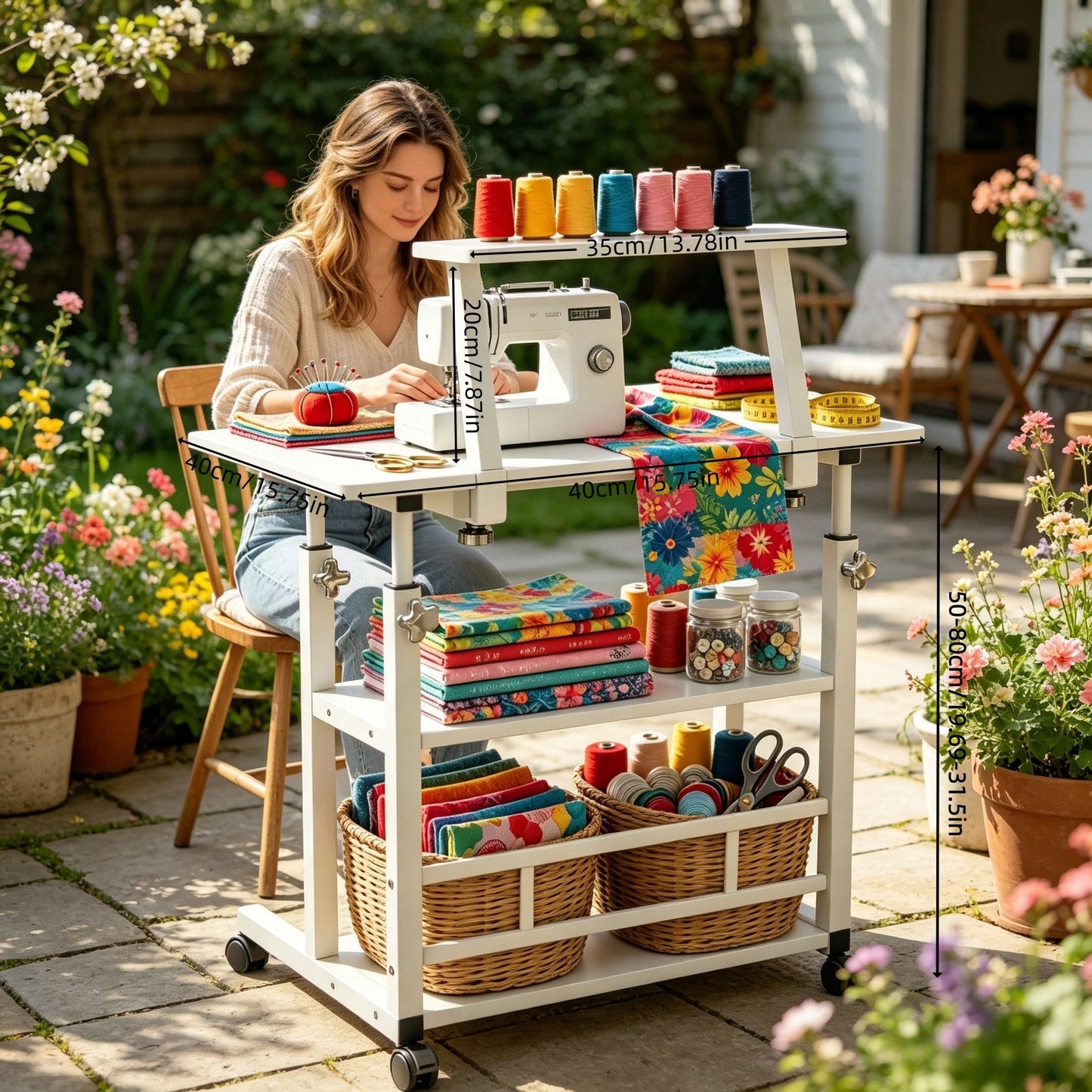 Sewing And Craft Table, Multi-Functional Height-Adjustable Mobile Sewing Workbench/Table- Mobile Handicraft Storage Table With 4 360° Silent Wheels, Double-Layer Storage Shelf With Height Adjustment