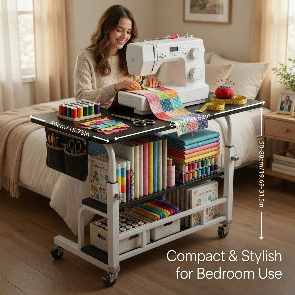 Sewing And Craft Table, Multi-Functional Height-Adjustable Mobile Sewing Workbench/Table- Mobile Handicraft Storage Table With 4 360° Silent Wheels, Double-Layer Storage Shelf With Height Adjustment