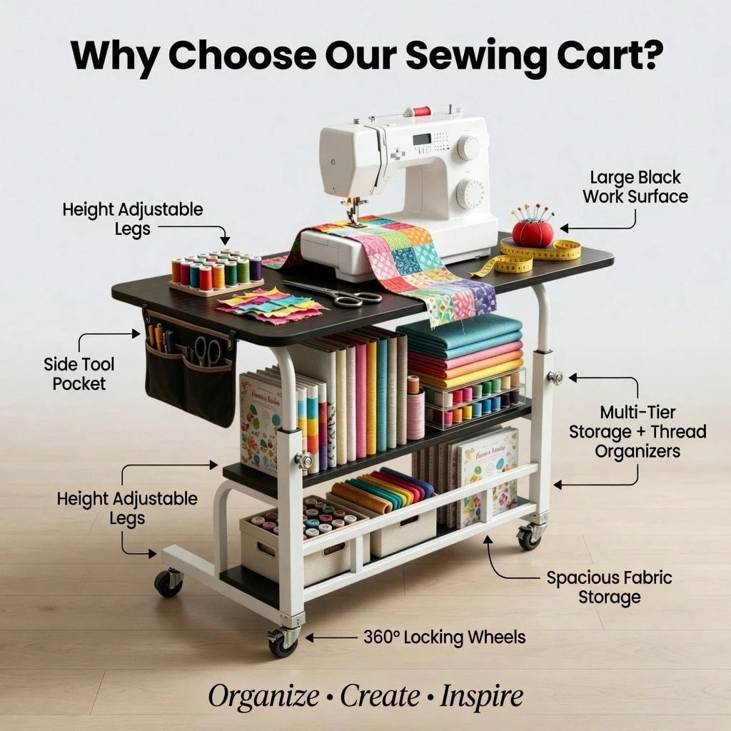 Sewing And Craft Table, Multi-Functional Height-Adjustable Mobile Sewing Workbench/Table- Mobile Handicraft Storage Table With 4 360° Silent Wheels, Double-Layer Storage Shelf With Height Adjustment