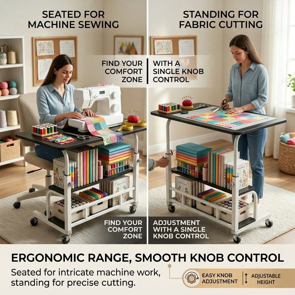 Sewing And Craft Table, Multi-Functional Height-Adjustable Mobile Sewing Workbench/Table- Mobile Handicraft Storage Table With 4 360° Silent Wheels, Double-Layer Storage Shelf With Height Adjustment