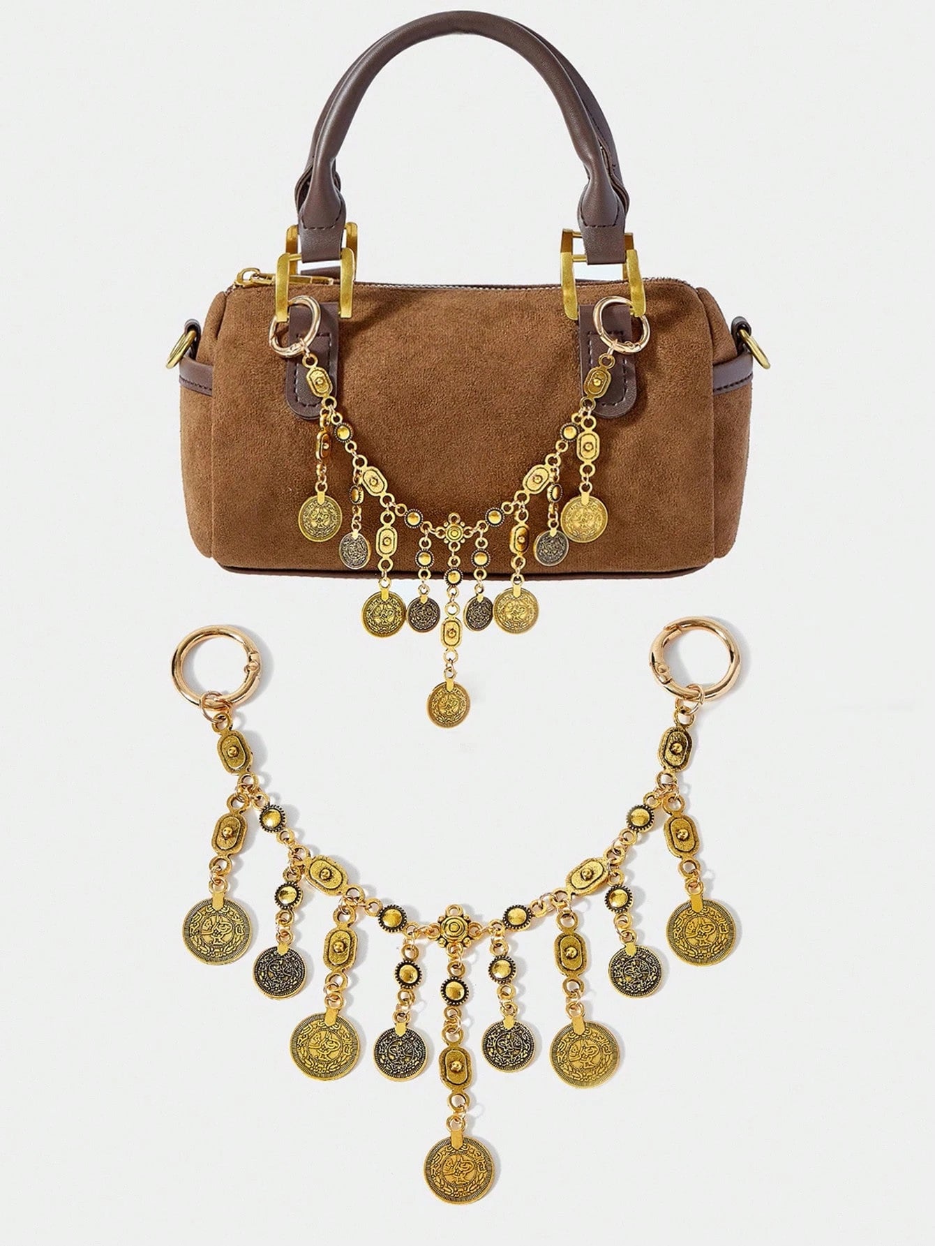SHECARRY 1pc Vintage Coin Tassel Metal Bag Chain, Bohemian Style Accessory For Vacation, Party