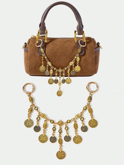 SHECARRY 1pc Vintage Coin Tassel Metal Bag Chain, Bohemian Style Accessory For Vacation, Party