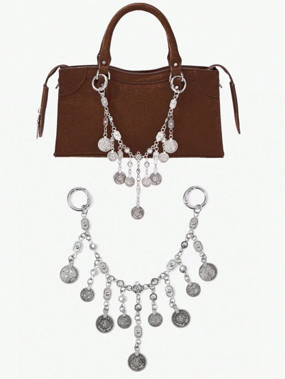 SHECARRY 1pc Vintage Coin Tassel Metal Bag Chain, Bohemian Style Accessory For Vacation, Party