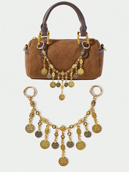 SHECARRY 1pc Vintage Coin Tassel Metal Bag Chain, Bohemian Style Accessory For Vacation, Party