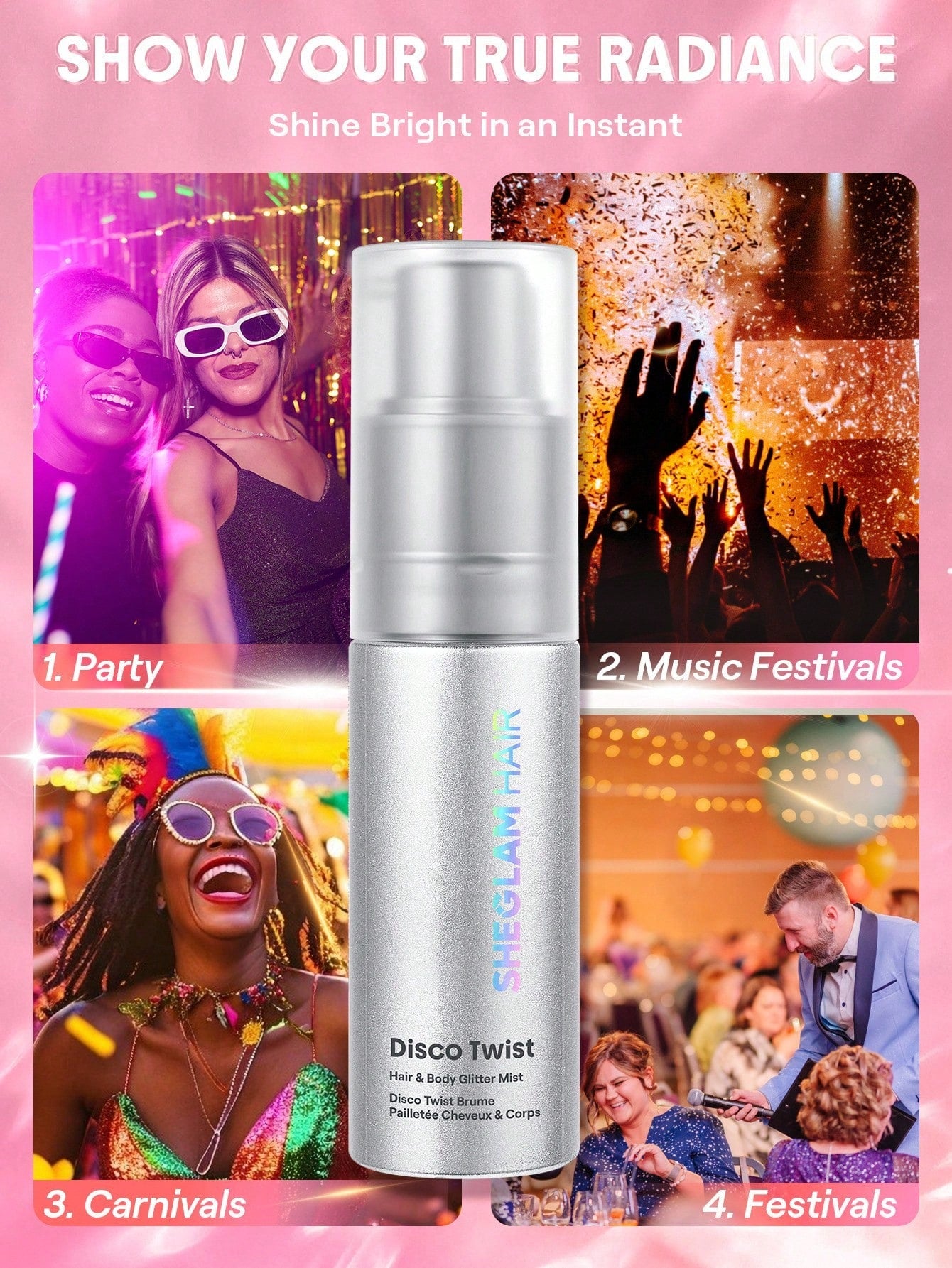 SHEGLAM HAIR Disco Twist Hair & Body Glitter Mist-Dance Queen, Shimmering Hair Spray, Delicate And Shiny, Soft And Smooth Hair Care, Smooth And Non-Clogging, Body Glitter Spray For Hair Body Face Gift