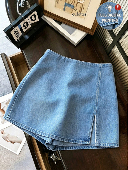 SHEIN Franclia Fashionable And Casual Work Commuting Multifunctional Printed Fabric With Soft Texture, High Waist Slit Women's Shorts/Skirts/Wide Leg Pants/Hot Pants