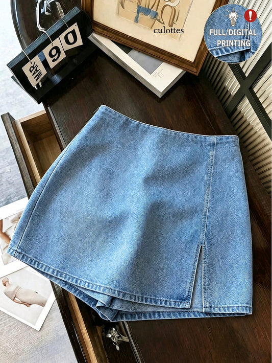 SHEIN Franclia Fashionable And Casual Work Commuting Multifunctional Printed Fabric With Soft Texture, High Waist Slit Women's Shorts/Skirts/Wide Leg Pants/Hot Pants