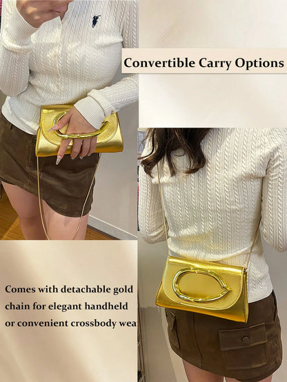Shiny Luxurious Large Women's Clutch Bag Evening Bag Party Handbag With Detachable Chain Strap Elegant Gold Purse For Wedding Banquet Gala Birthday