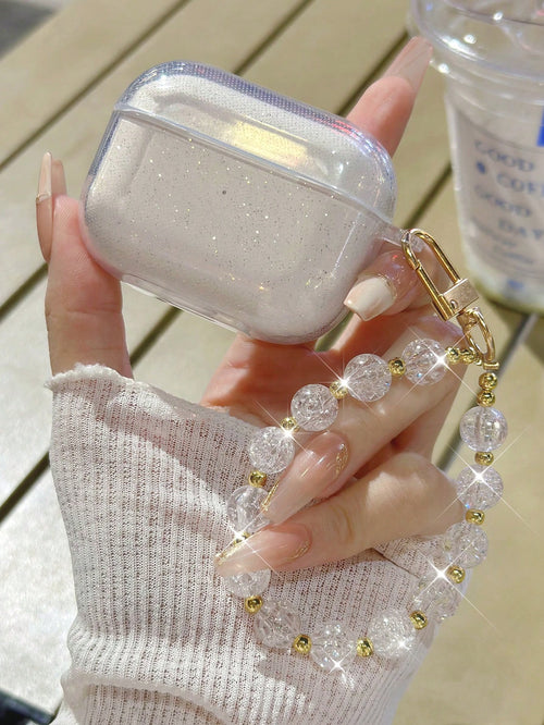 Shockproof Sparkly Sequin Apple Transparent Earphone Case With Beaded Chain Spring Gift