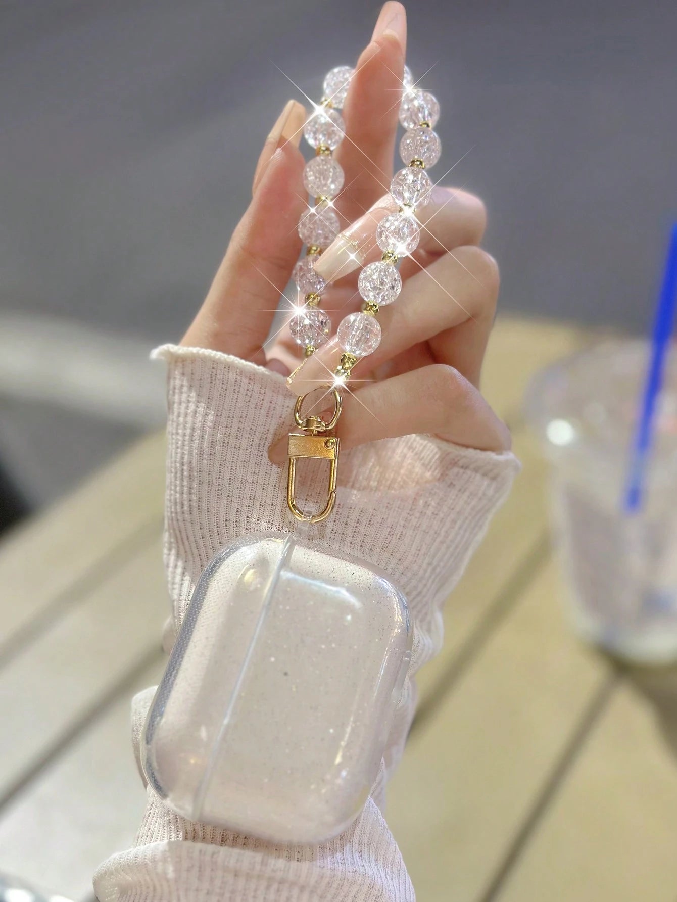 Shockproof Sparkly Sequin Apple Transparent Earphone Case With Beaded Chain Spring Gift