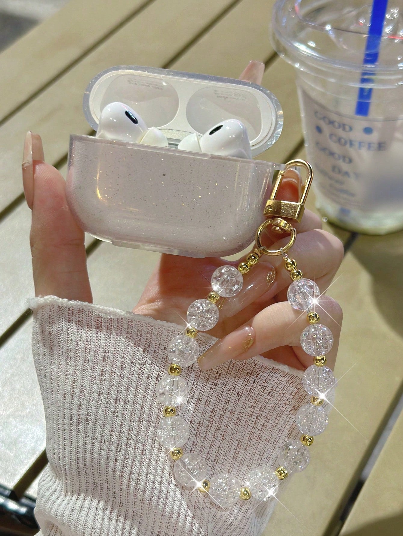 Shockproof Sparkly Sequin Apple Transparent Earphone Case With Beaded Chain Spring Gift
