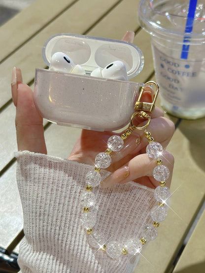 Shockproof Sparkly Sequin Apple Transparent Earphone Case With Beaded Chain Spring Gift