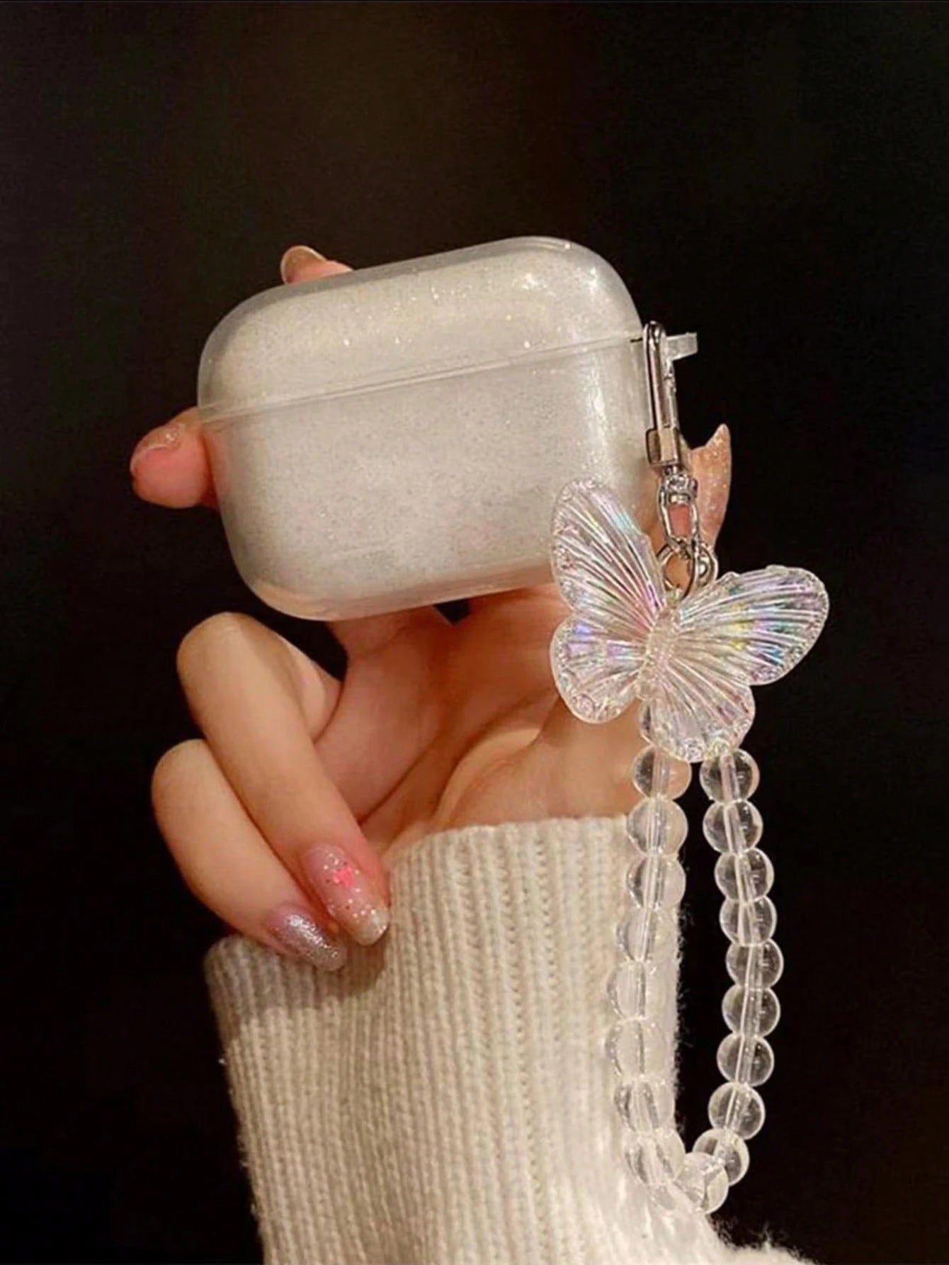 Shockproof Sparkly Sequin Apple Transparent Earphone Case With Beaded Chain Spring Gift