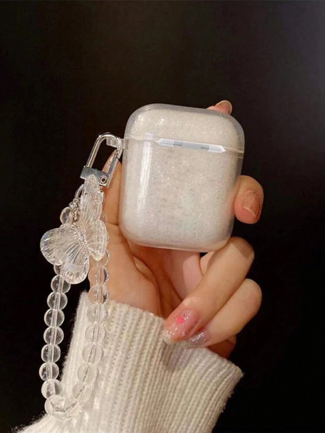 Shockproof Sparkly Sequin Apple Transparent Earphone Case With Beaded Chain Spring Gift