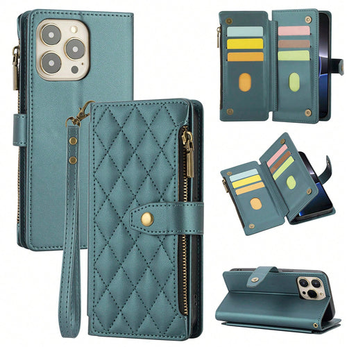 Shockproof Wallet Card Slot 1pc Flip Cover Protective Case Compatible With Apple 17 ProMax/16/15/14/13/12/11pro, Wallet Phone Case With Card Slot, Wrist Strap, Zipper Pocket, Quilted Rhombic Pattern