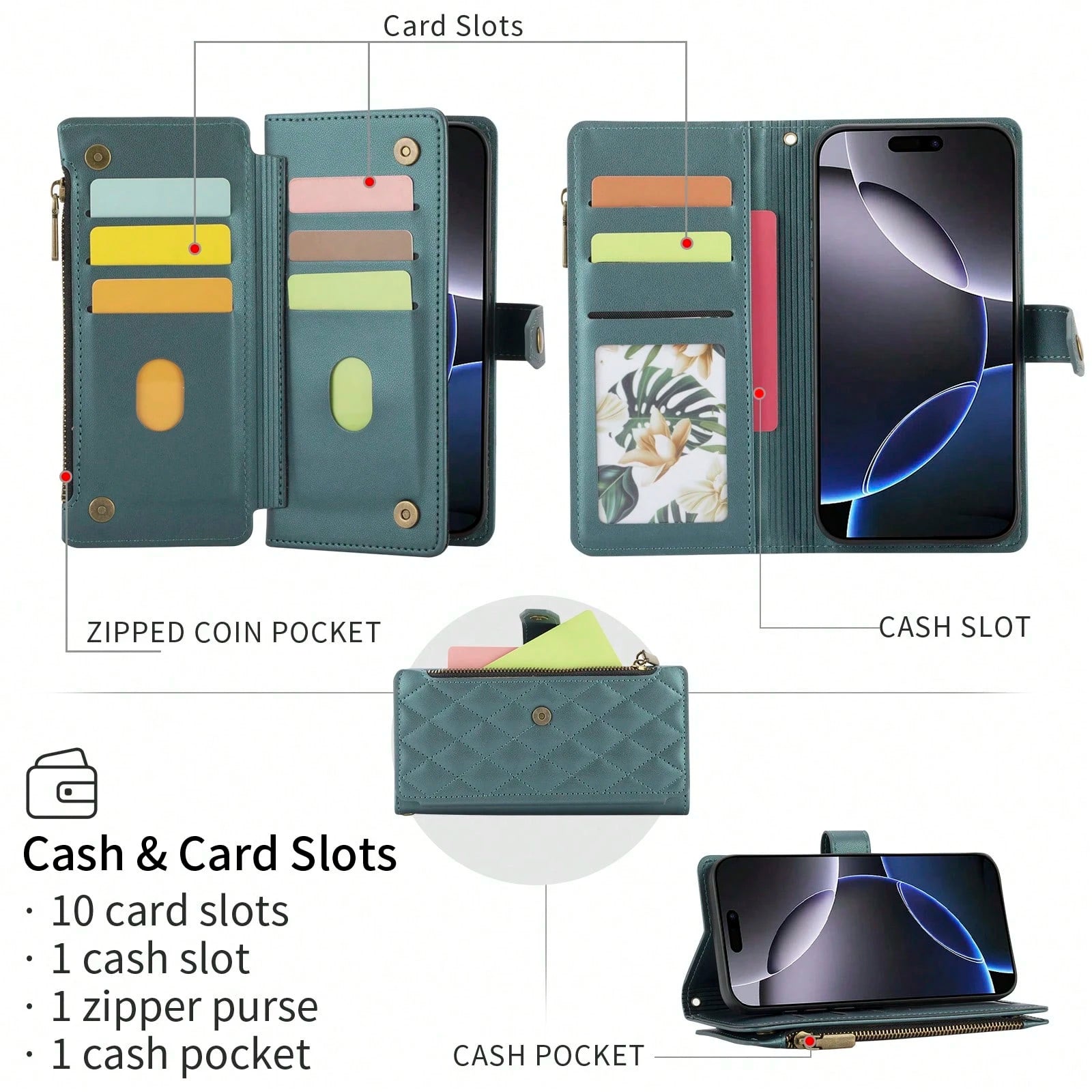 Shockproof Wallet Card Slot 1pc Flip Cover Protective Case Compatible With Apple 17 ProMax/16/15/14/13/12/11pro, Wallet Phone Case With Card Slot, Wrist Strap, Zipper Pocket, Quilted Rhombic Pattern