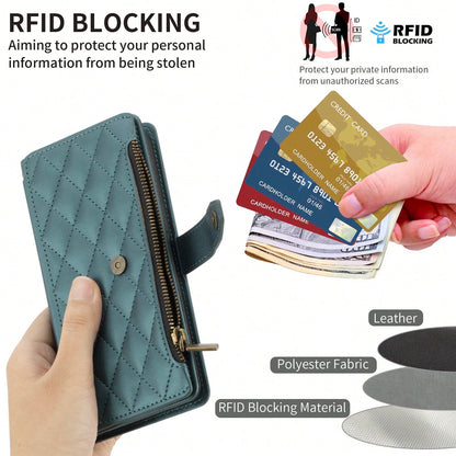 Shockproof Wallet Card Slot 1pc Flip Cover Protective Case Compatible With Apple 17 ProMax/16/15/14/13/12/11pro, Wallet Phone Case With Card Slot, Wrist Strap, Zipper Pocket, Quilted Rhombic Pattern
