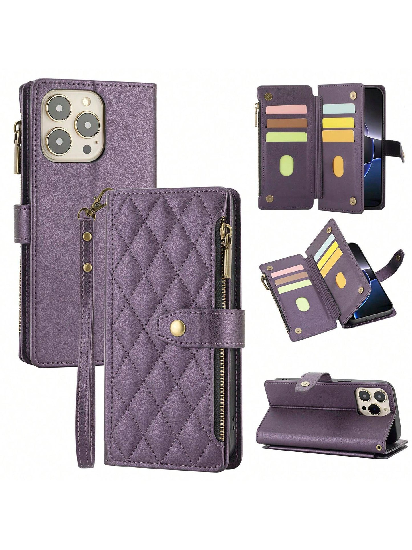 Shockproof Wallet Card Slot 1pc Flip Cover Protective Case Compatible With Apple 17 ProMax/16/15/14/13/12/11pro, Wallet Phone Case With Card Slot, Wrist Strap, Zipper Pocket, Quilted Rhombic Pattern
