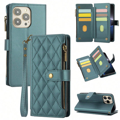Shockproof Wallet Card Slot 1pc Flip Cover Protective Case Compatible With Apple 17 ProMax/16/15/14/13/12/11pro, Wallet Phone Case With Card Slot, Wrist Strap, Zipper Pocket, Quilted Rhombic Pattern